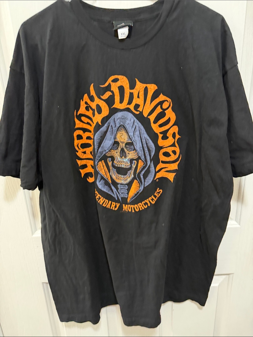 Harley-Davidson Black Tee with Orange and Blue Skull Graphic